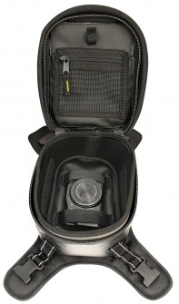 Photo showing SE-3060 Hurricane Dual Sport/Enduro Waterproof Tank Bag open with camera secured to bottom of bag